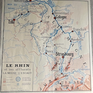 Vintage dwustronna mapa francuska Rhin Manche Cartes Murales Rossignol