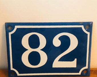 Vintage French enamel blue and white number sign 82