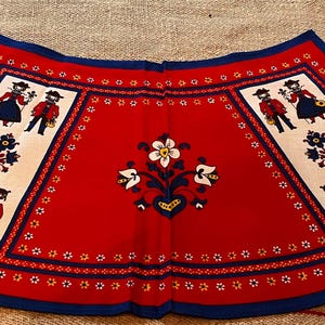 Può includere: Un grembiule rosso con bordo blu e cuciture decorative. Il grembiule presenta un motivo floreale centrale e pannelli con figure in abiti tradizionali. Il grembiule è in tessuto.