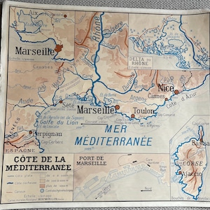Vintage dwustronna mapa francuska Atlantique Mediterranee Cartes Murales Rossignol