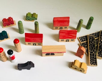 Vintage toy miniature wooden houses/buildings, trees, animals, people