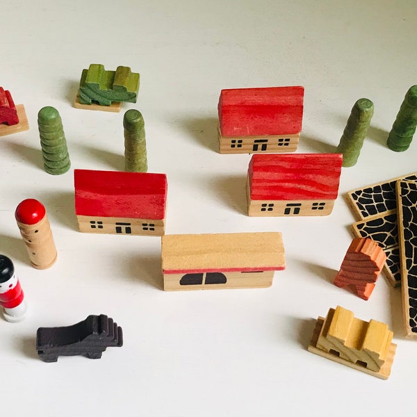 Vintage toy miniature wooden houses/buildings, trees, animals, people