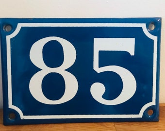 Vintage French enamel blue and white number sign 85