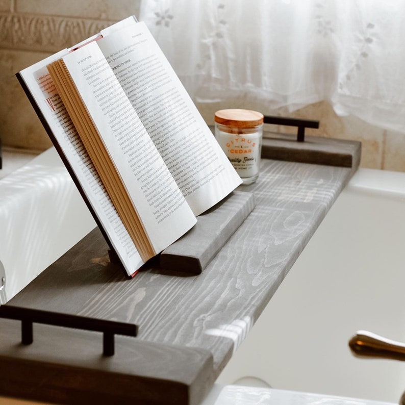 Wooden Bath Caddy With Book Holder Bathtub Tray Bathroom Etsy
