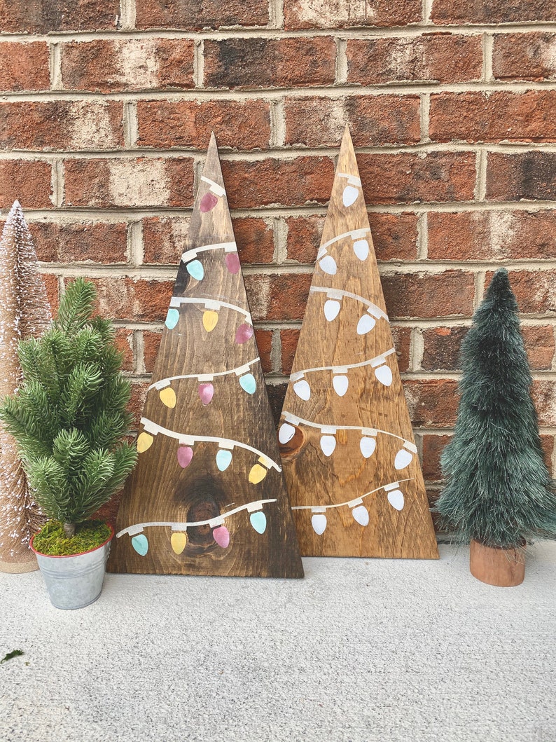 Outdoor Christmas Decor, Wooden Christmas Trees, Painted Lights, Rustic Christmas Decorations 