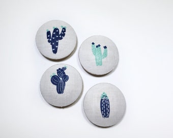Cactus Fabric Covered Wooden Drawer Knob Pulls - Set of 4