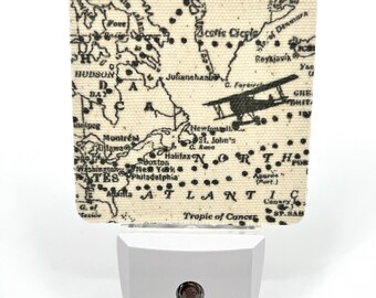 Maps and Planes Night Light / House Warming / Gift Idea / Bedroom / Plug In Night Light / Home Decor / Airplane / Compass / Vintage Map/ LED