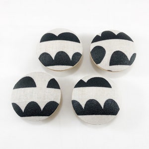 Puede incluir: Cuatro botones redondos de tela con un patrón geométrico en blanco y negro. El patrón presenta una serie de semicírculos negros sobre un fondo blanco.