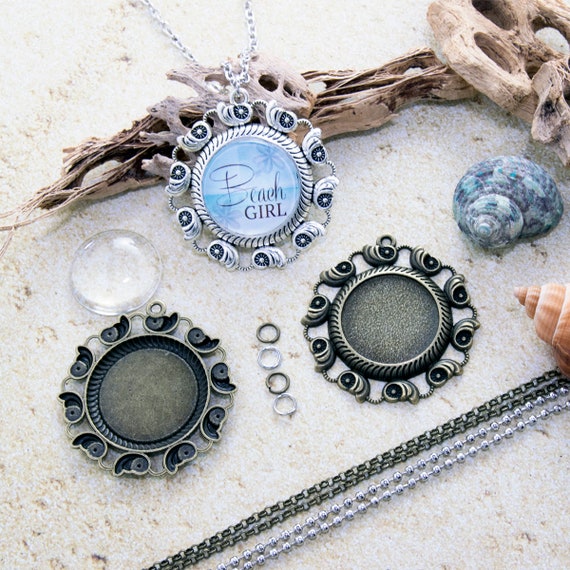Silver Tear Drop Cabochon Setting Glass and chain make your own neckace kit 25mm