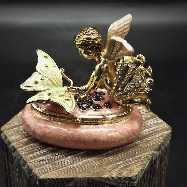 Closeout Sale! Carucci Enameled Butterfly and Angel Trinket Box with Crystals. Beautiful piece in excellent condition.