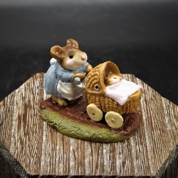 Vintage M-128 Wee Forest Folk "Strolling with baby" Hand Painted Mouse pushing a stroller with her child in it.