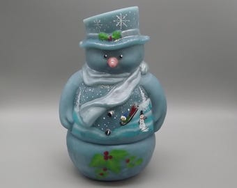 Limited Edition Fenton Snowman Tea Light Figurine: Signed Art Glass #14/24