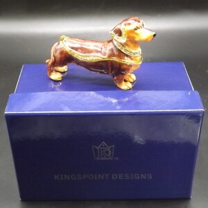 Dachshund Pewter Enameled Hinged Ring Trinket Box Bejeweled with Austrian Crystals Includes a Dachshund necklace With original box and COA