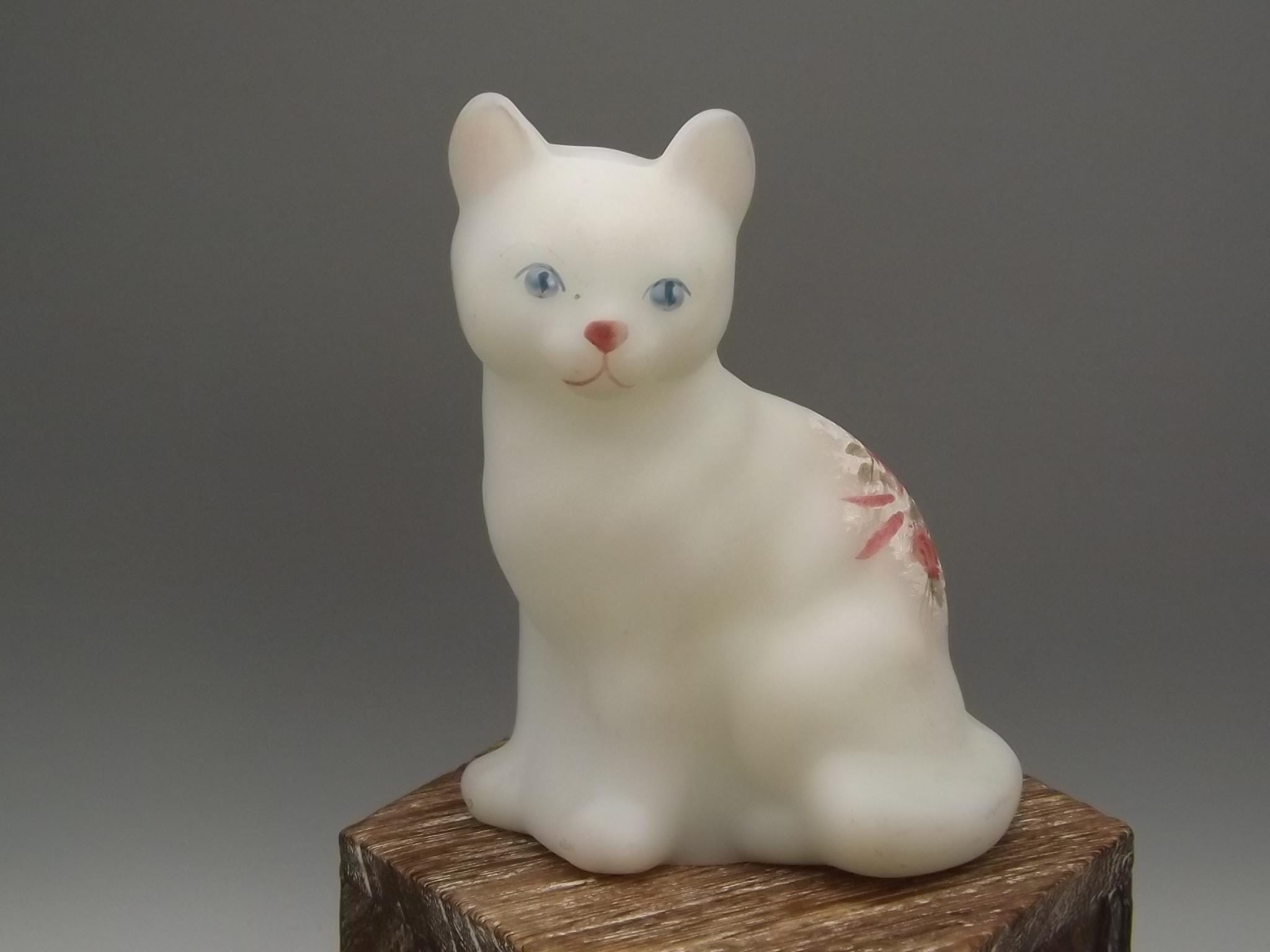 FENTON 花柄1989年製 猫 フェントン オパールガラス 置物 2姉妹 フェントン サテン ガラス 猫 デイジー