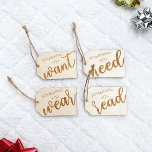 Christmas Gift Tag|Custom Gift Tags|Wooden gift tags|Xmas Gift Tag|Something you Want, Need, Wear, Read|Reusable Gift Tags|Personalized Gift