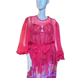 Sheer dress, vintage, red, floral, belted. By Lillie Rubin