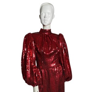 Red sequin dress, designer, vintage, balloon sleeve, midi length