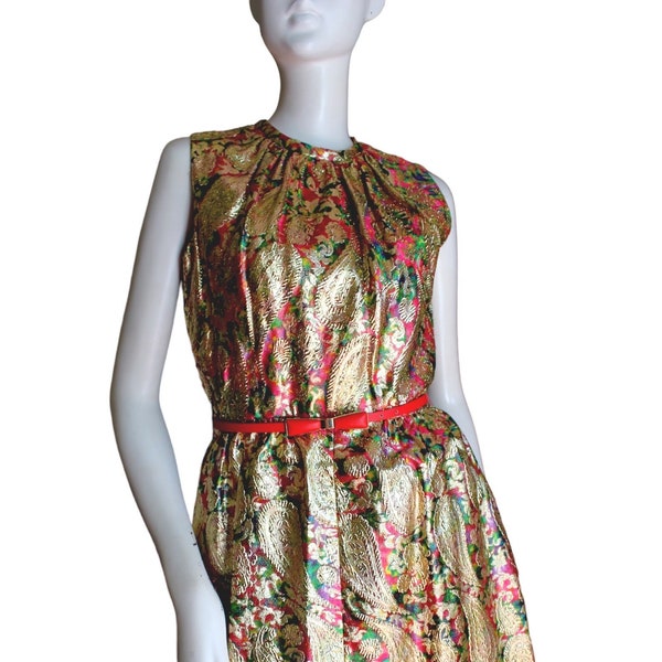 Vintage gold dress,  Fred Perlberg, rainbow, 1960s, brocade. Size S