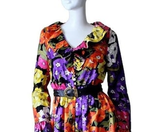 Vintage dress, floral, 1960s, ruffle, colorful. True authentic vintage.