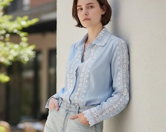 Lace blouse, vintage, blue, eyelet, button-down. Neiman Marcus.