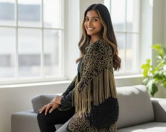 Vintage gold sequin dramatic beaded fringe jacket