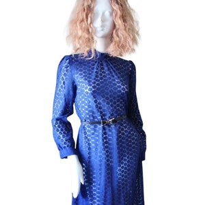 Vintage lace dress, blue, royal, sheer long sleeve, 1960s, sexy, cool, A line, tea length. Imported from the UK. Authentic mod era dress