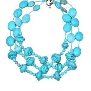 Turquoise short chunky necklace, 3 strand, statement, large beads, monochrome bright blue stones.
