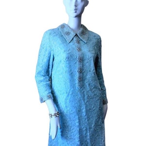 Vintage shift dress, sequins beads, 1960s, powder blue, heavily beaded, handmade. Authentic true vintage, size 10.