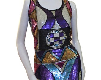 Sequin dress, vintage,silk, art deco, abstract, colorblock.