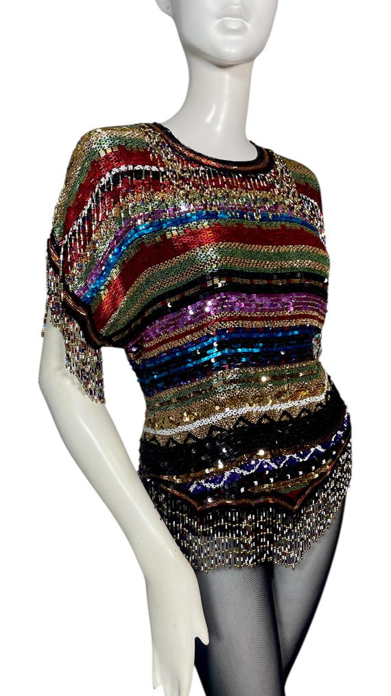 Sequin top, beaded fringe, rainbow, silk. 1970s-1… - image 6