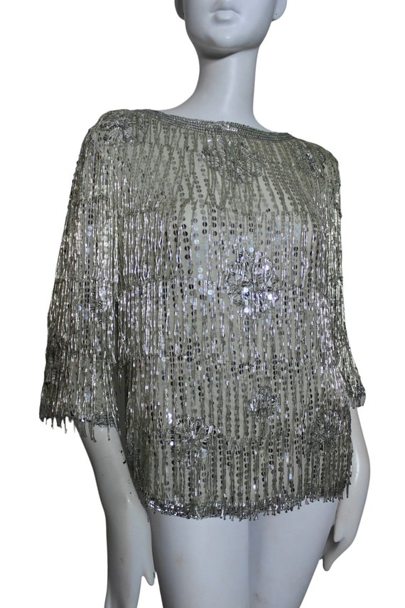 Tassel top, beaded fringe, sequin, silk. 1970s-19… - image 4