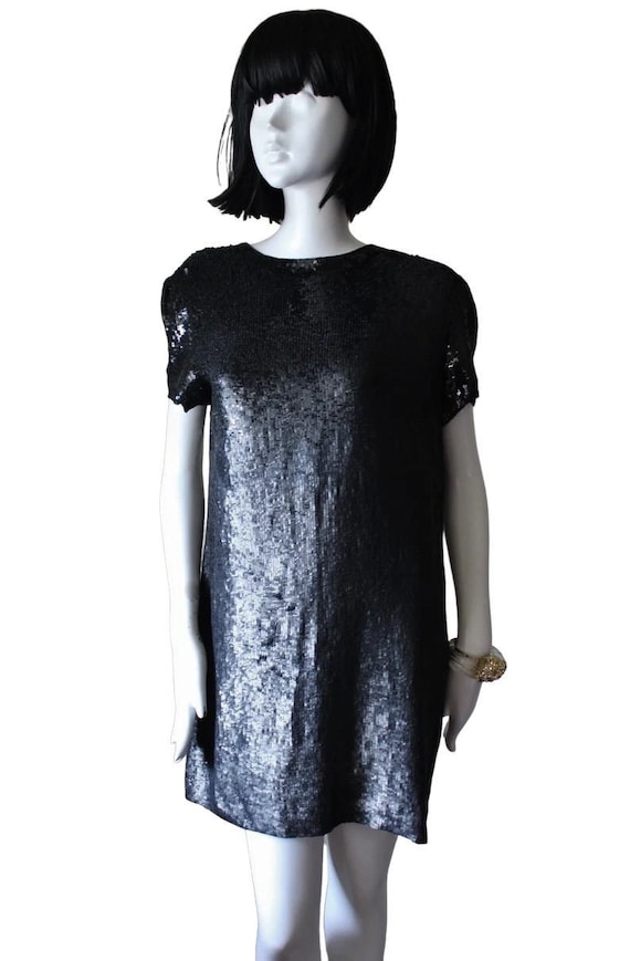 Sequin dress, vintage, black, shift, mini. By vint