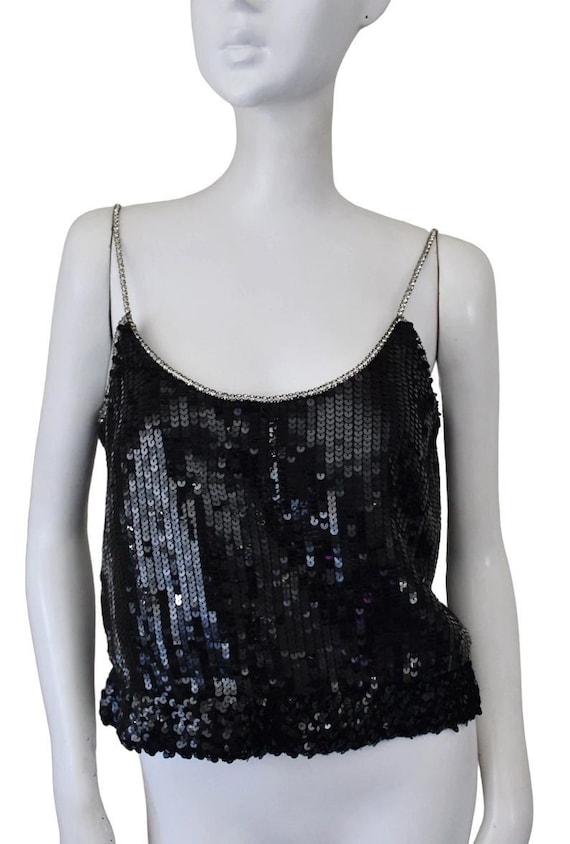 Sequin top, black, rhinestone straps, vintage. 198