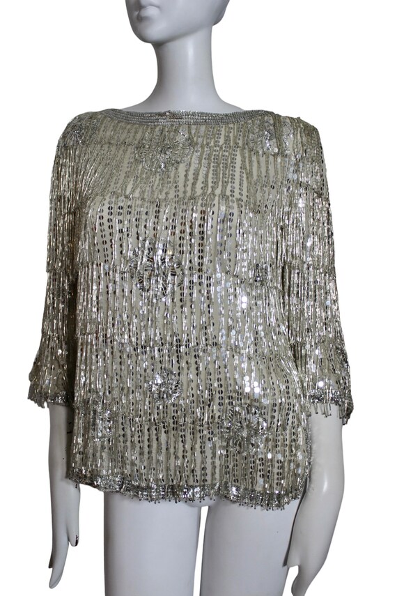 Tassel top, beaded fringe, sequin, silk. 1970s-19… - image 5