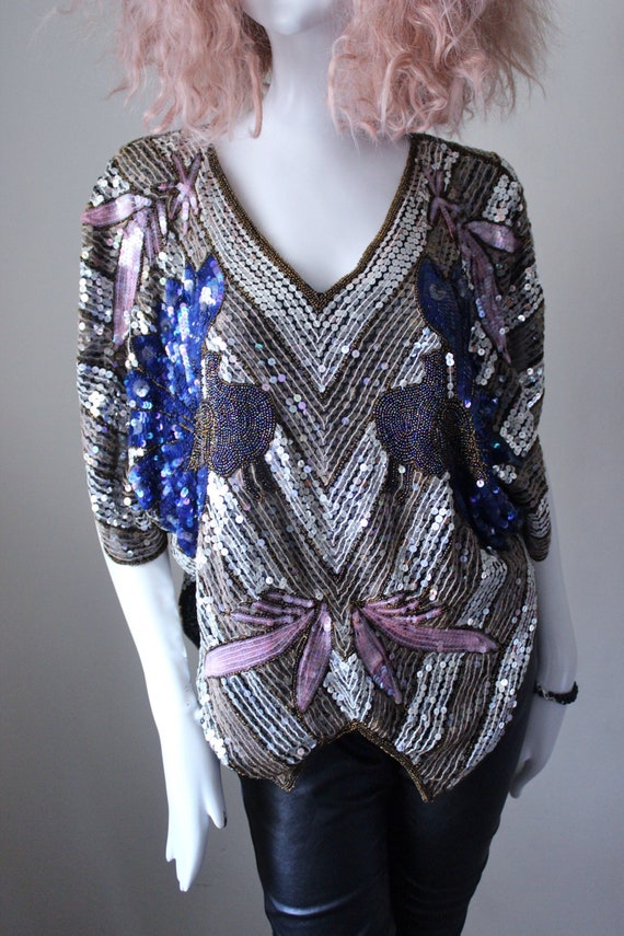 Sequin top, vintage, rare, peacock design, evening