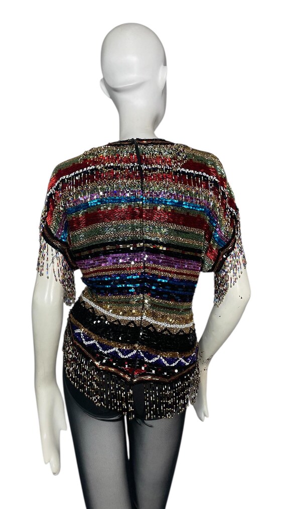 Sequin top, beaded fringe, rainbow, silk. 1970s-1… - image 7