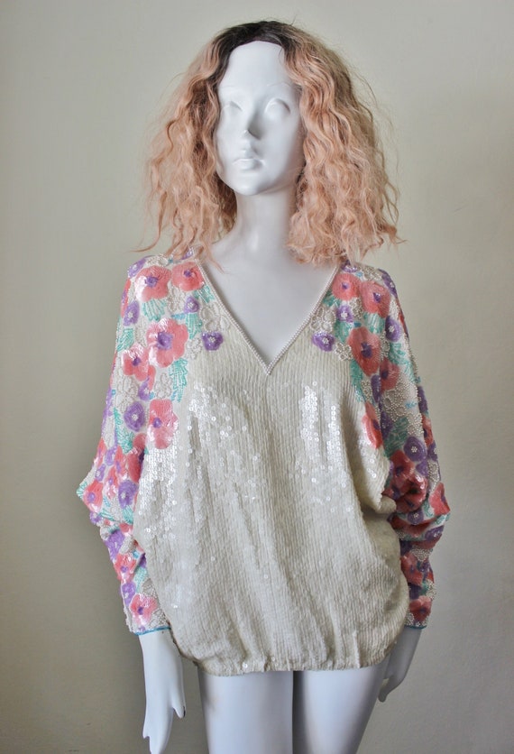 Sequin blouse, vintage, pearls, floral, beaded.