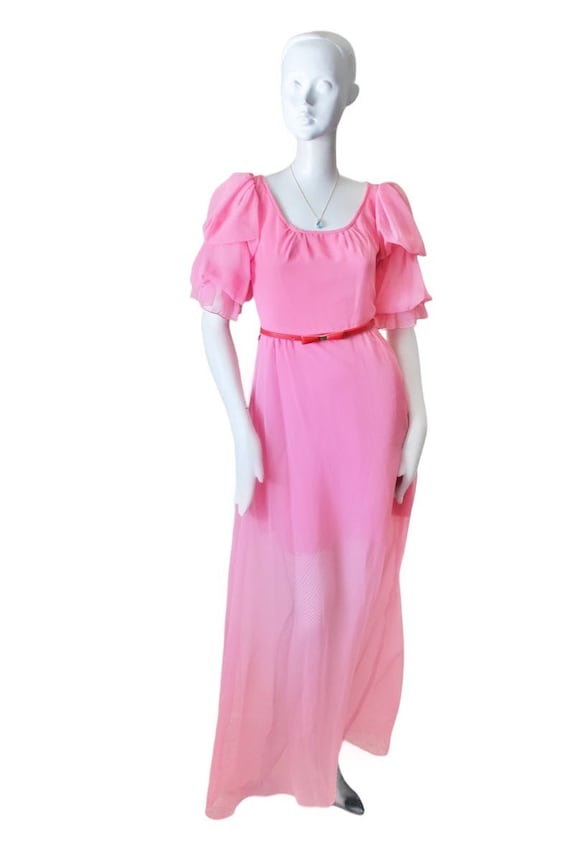 Pink dress, vintage, 1970s, belted, long, puff sl… - image 1