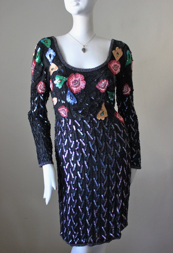 Sequin dress, bead, floral, sweaterdress, 1980s