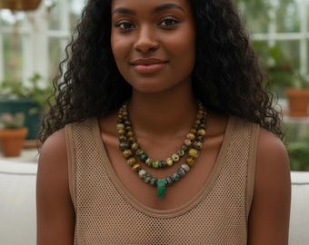 Earthy stone bead necklace, short chunky double strand with gold accents.