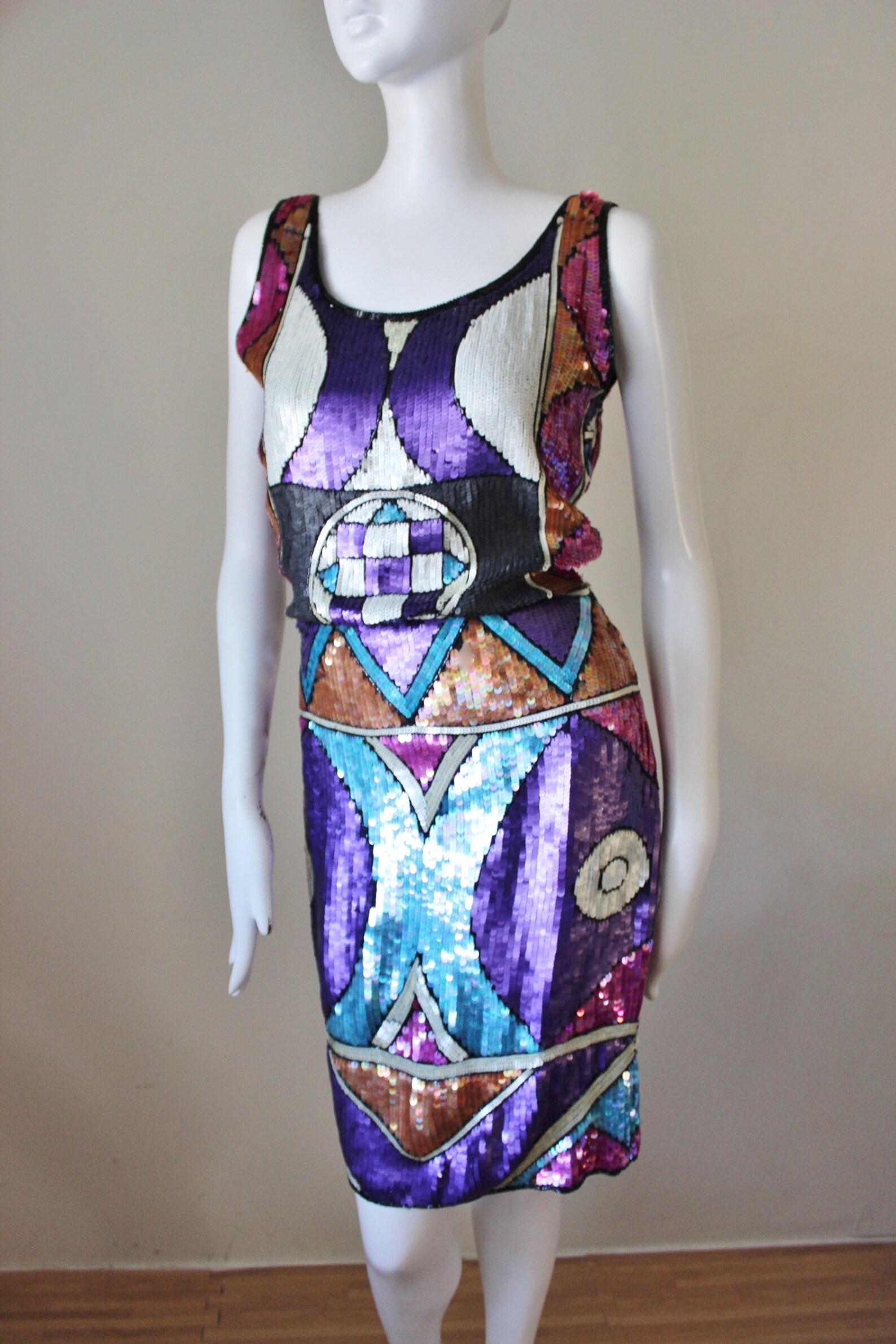 Sequin dress vintagesilk art deco abstract colorblock. | Etsy