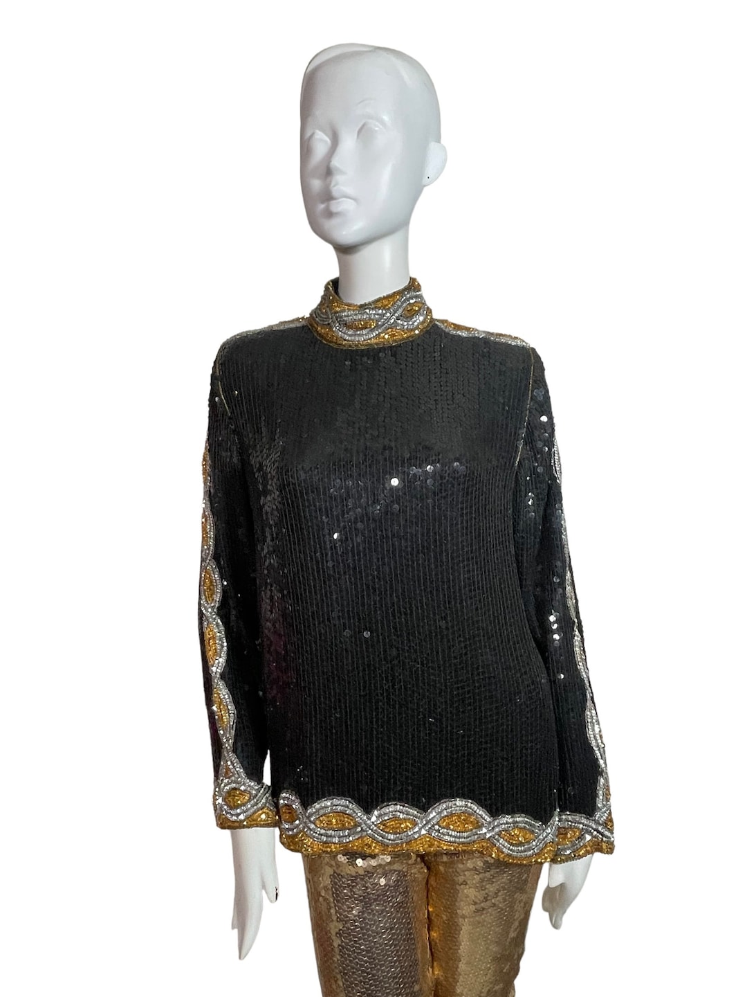 Gold Sleeveless Sequin Blouse with U-Neckline