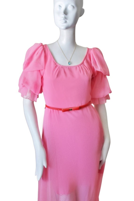 Pink dress, vintage, 1970s, belted, long, puff sl… - image 4