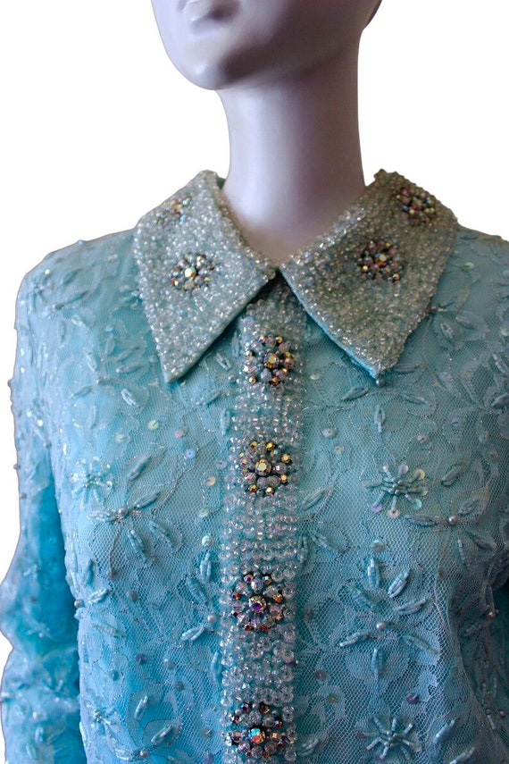 Vintage shift dress, sequins beads, 1960s, powder… - image 3