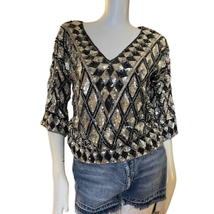 Silver black sequin blouse, iridescent, vintage 1980s, silk