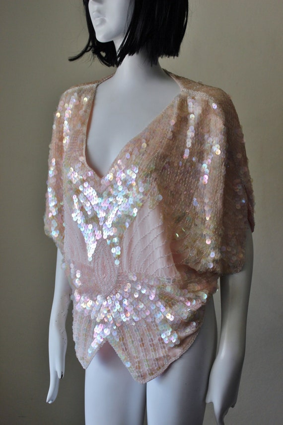 Sequin vintage top, silk, beaded, butterfly, disco