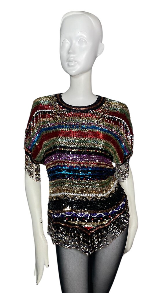 Sequin top, beaded fringe, rainbow, silk. 1970s-1… - image 3