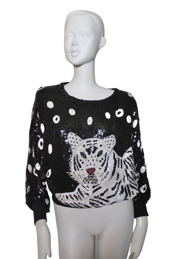 Sequin beaded blouse, vintage, tiger