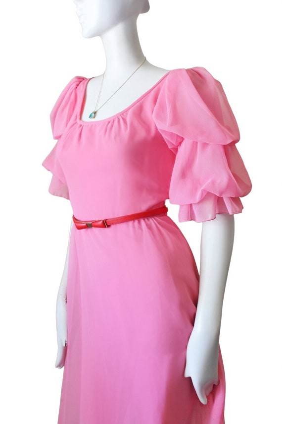 Pink dress, vintage, 1970s, belted, long, puff sl… - image 5