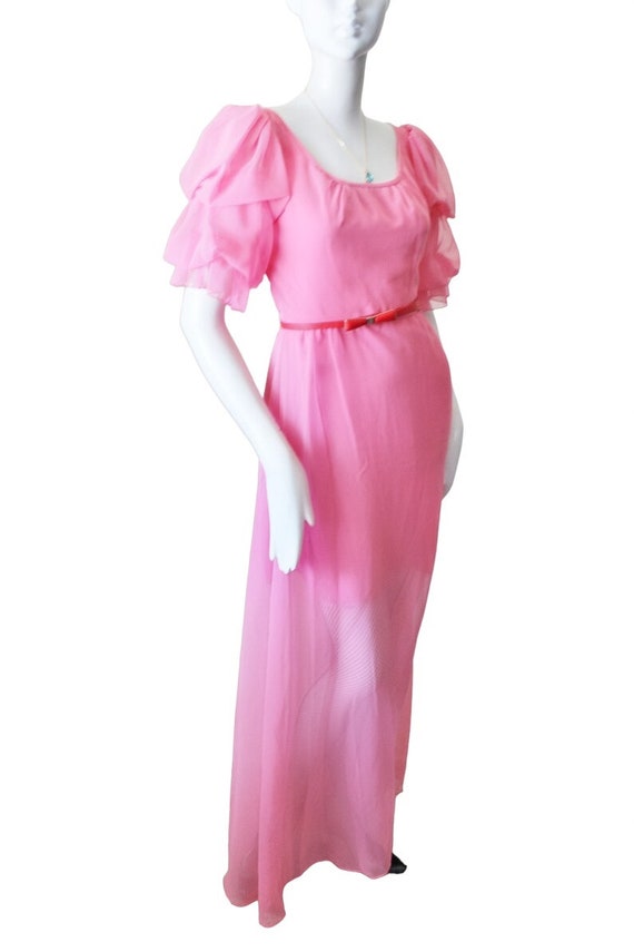 Pink dress, vintage, 1970s, belted, long, puff sl… - image 8